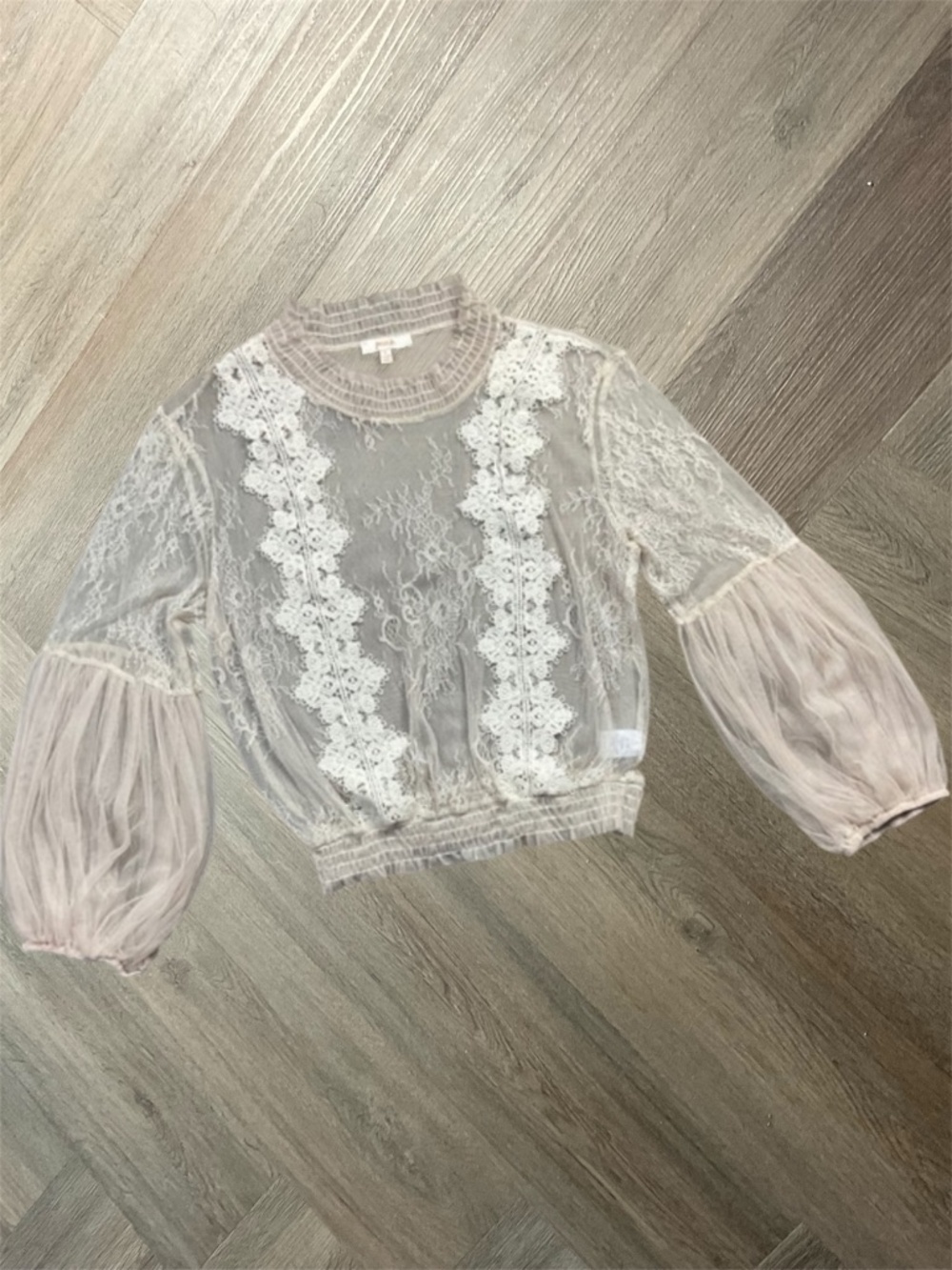 Peach‎ Sheer Floral Lace Balloon Sleeve Regencycore Top Womens Large Blush Ivory